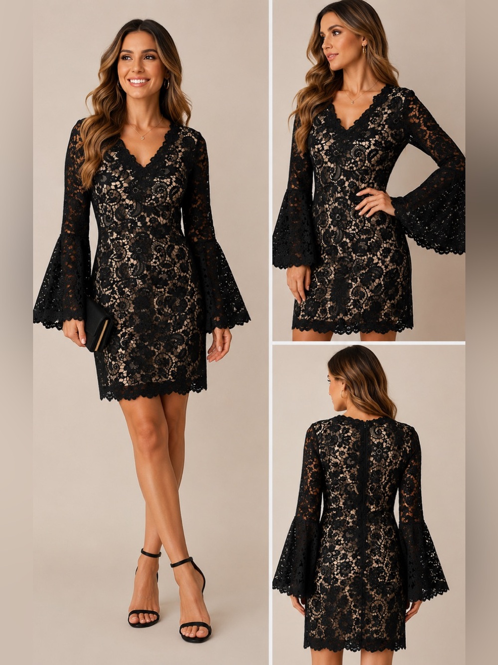 Julian Chang Black Lace Nude Lined Bell Sleeve Dress Size 10